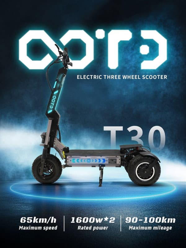 OOTD T30 elektrisk trehjulet scooter, 1600W*2 dobbelte motorer, 13" terrængående dæk, tophastighed 65 km/t, rækkevidde 100 km, foldbar