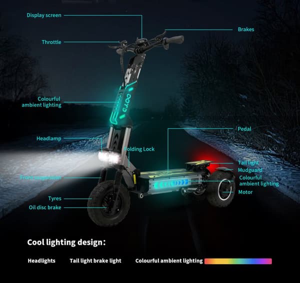 OOTD T30 elektrisk trehjulet scooter, 1600W*2 dobbelte motorer, 13" terrængående dæk, tophastighed 65 km/t, rækkevidde 100 km, foldbar