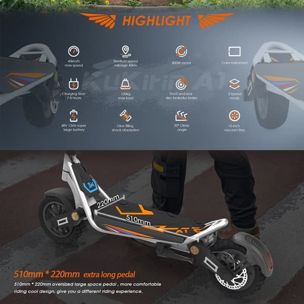 KuKirin A1 foldbar elektrisk løbehjul, 800W motor, 48V13Ah batteri, tophastighed op til 45 km/t, 10 tommer slangeløse dæk