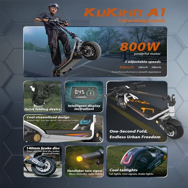 KuKirin A1 foldbar elektrisk løbehjul, 800W motor, 48V13Ah batteri, tophastighed op til 45 km/t, 10 tommer slangeløse dæk