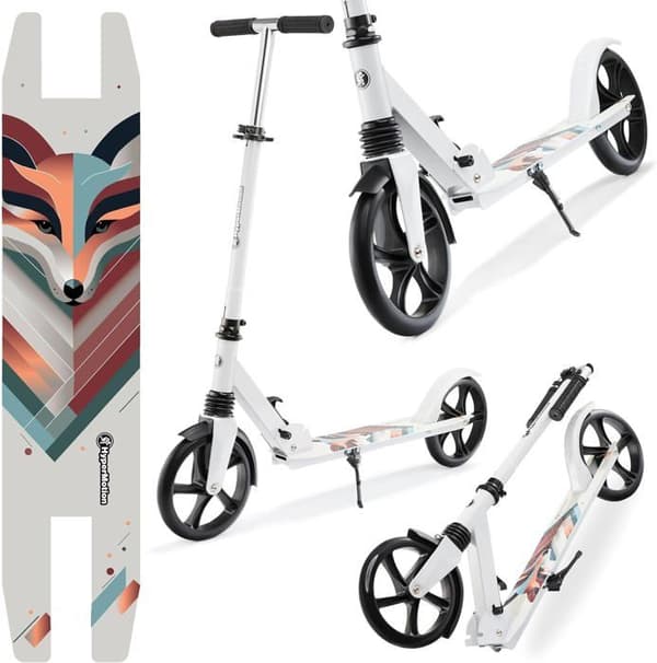 HyperMotion Trottinette Barn + 6 år, Tonåringar & Vuxna - Fällbar - Dämpare - Styre H 85-95cm - Antiglidande - ABEC 7 - Vinterräv