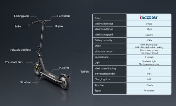 iScooter i9s Elscooter 36V 10Ah Litiumbatteri 500W Motor 10-tums luftfyllda däck Maxhastighet 35 km/h Elscooter