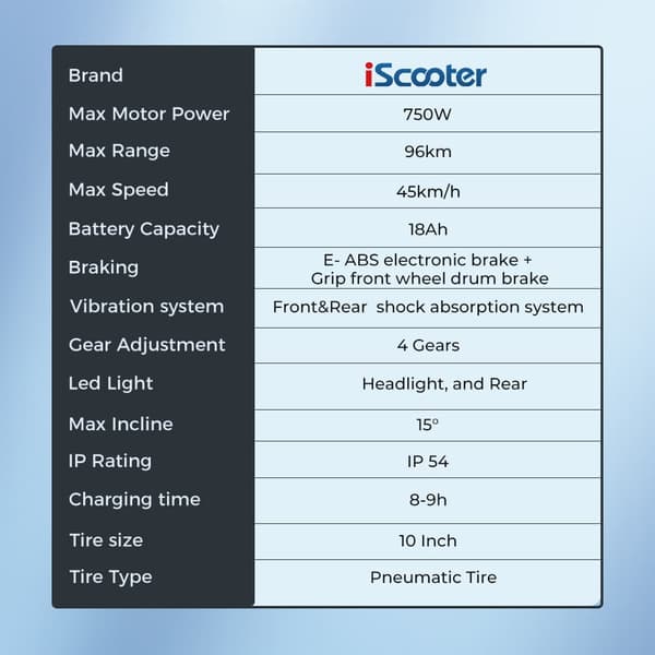iScooter i10 Max 750W Motor 18Ah Batteri 10 Tums Luftdäck Max Räckvidd 96km Hastighet 45 km/h Elscooter med APP