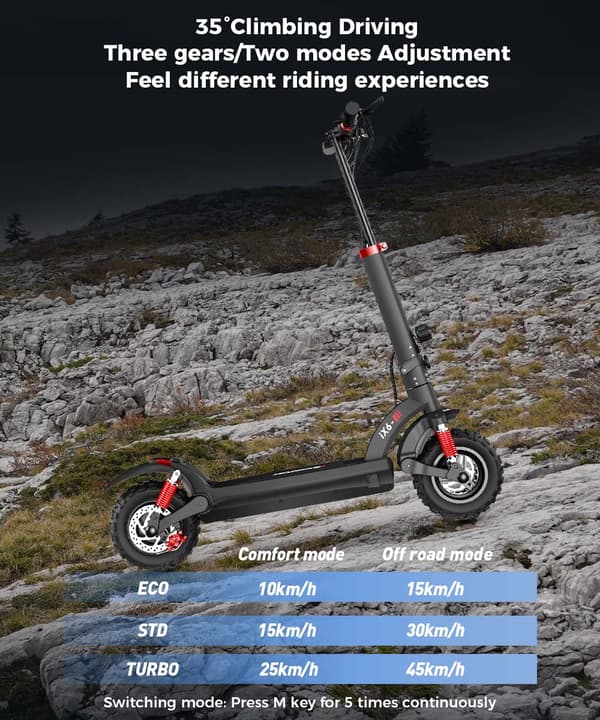 iSkoter iX6 48V 17.5Ah batteri 1000W motor 11 tums offroad pneumatiskt däck Max räckvidd 45km hastighet 45 km / h E-scooter