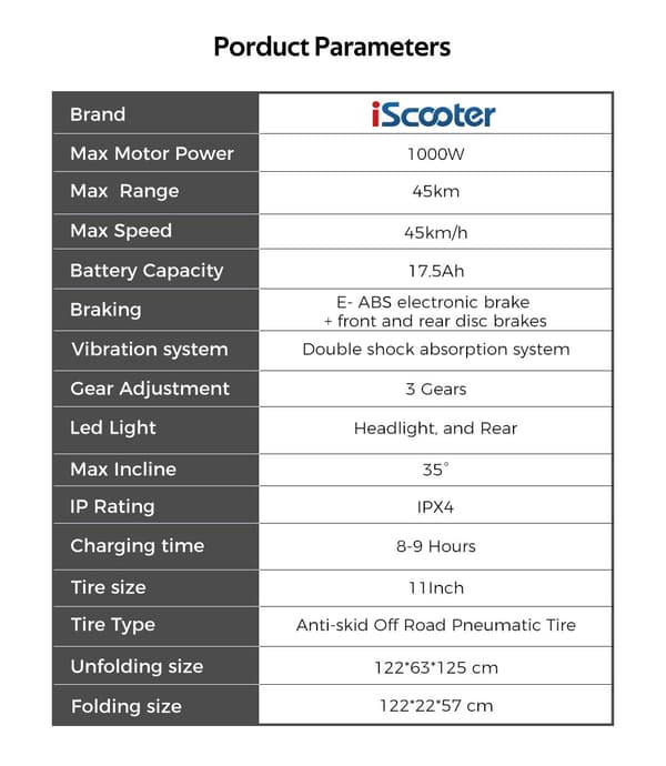 iSkoter iX6 48V 17.5Ah batteri 1000W motor 11 tums offroad pneumatiskt däck Max räckvidd 45km hastighet 45 km / h E-scooter