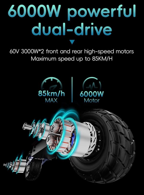OOTD D99 Off Road elektrisk scooter 13", 3000W*2 dobbelte motorer, 60V 40AH batteri, tophastighed 85 km/t, maksimal rækkevidde 120 km, foldbar