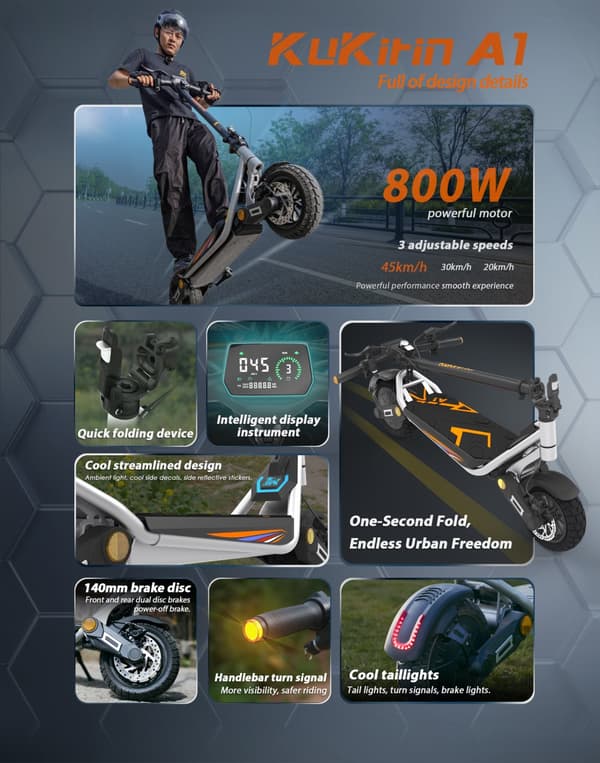 KuKirin A1 Elscooter 48V 13Ah Litiumbatteri 800W Motor 10-tums vakuumdäck 45 km räckvidd 45 km/h Dubbla skivbromsar Elscooter