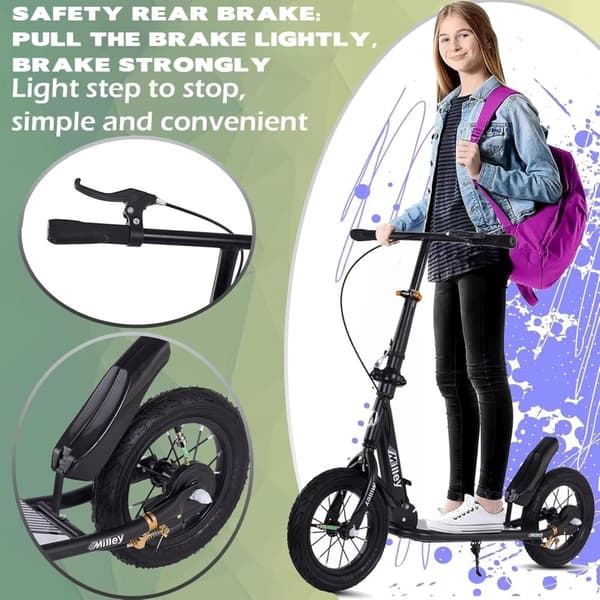 Scooter med store oppustelige hjul 30 cm håndbremse børn voksne