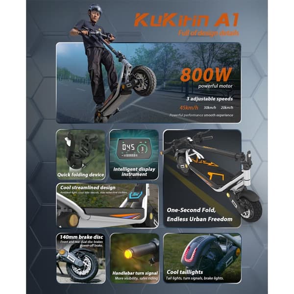 KuKirin A1 foldbar elektrisk scooter 10 tommer, 800W motor, 48V 13Ah batteri, maks. hastighed 45 km / t, rækkevidde 45 km, skivebremser for og bag