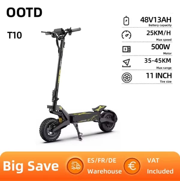 OOTD T10 off-road scooter 500W, 48V13AH batteri, 11" dæk, tophastighed 50 km, rækkevidde 35-45 km, skivebremser for og bag, foldbar elektrisk scooter