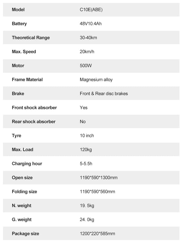 JOYOR C10E 48V 10,4Ah batteri, 500W motor, 10-tums däck, maxhastighet 20 km/h, max körsträcka 40 km/h elscooter