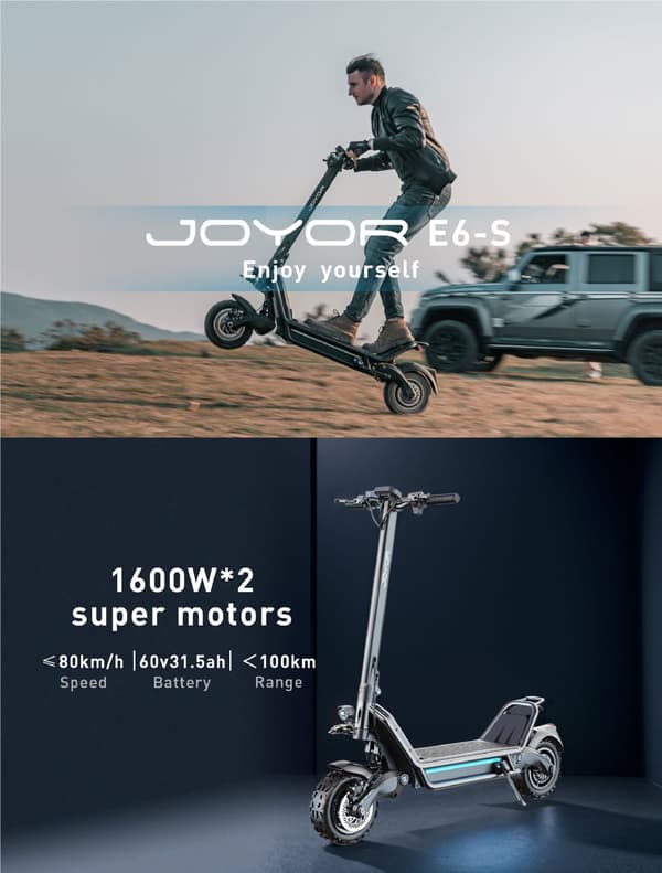 JOYOR E6-S 60V 31,5Ah batteri, 2*1600W dubbla motorer, 11-tums däck, maxhastighet 80 km/h, 100 km maximal körsträcka elscooter