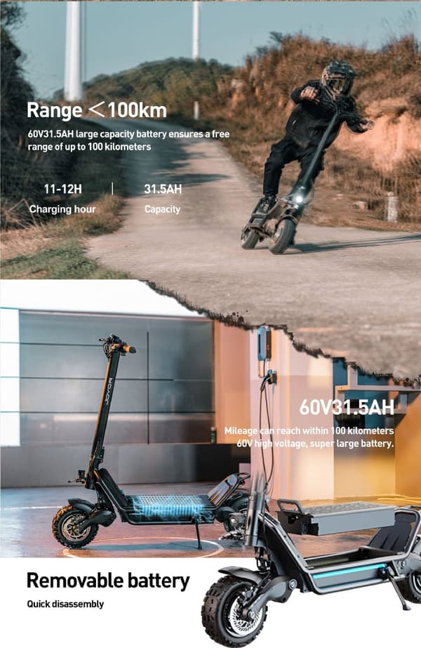 JOYOR E6-S 60V 31,5Ah batteri, 2*1600W dubbla motorer, 11-tums däck, maxhastighet 80 km/h, 100 km maximal körsträcka elscooter