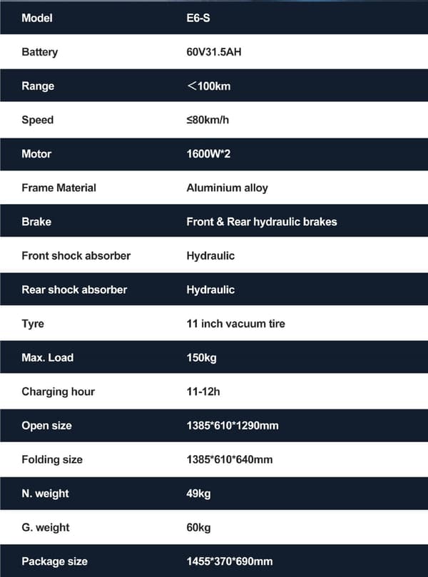 JOYOR E6-S 60V 31,5Ah batteri, 2*1600W dubbla motorer, 11-tums däck, maxhastighet 80 km/h, 100 km maximal körsträcka elscooter