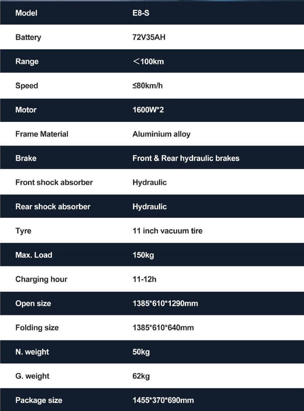 JOYOR E8-S 2*1600W dubbla motorer, 72V 35Ah batteri, 11-tums däck, maxhastighet 80 km/h, 100 km maximal körsträcka elscooter
