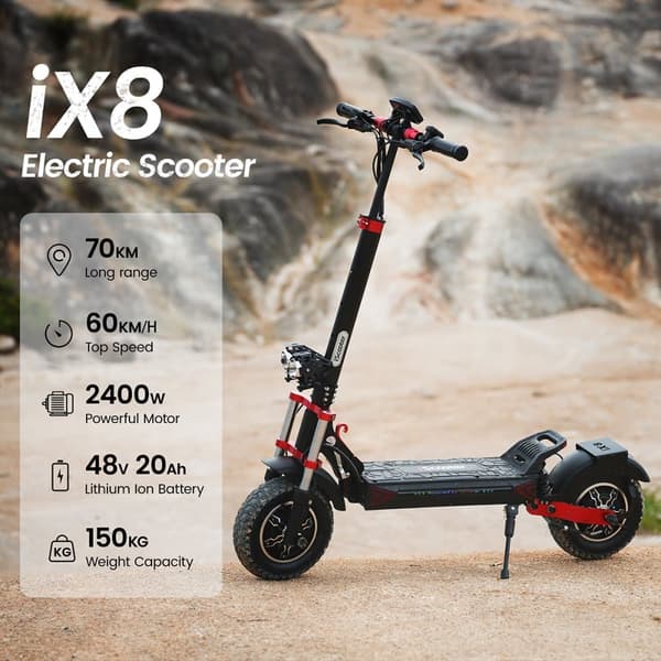 Sammenklappelig El-Scooter iScooter iX8 - 2*1200W Dobbeltmotor - 48V 20AH Batteri - 12” Dæk
