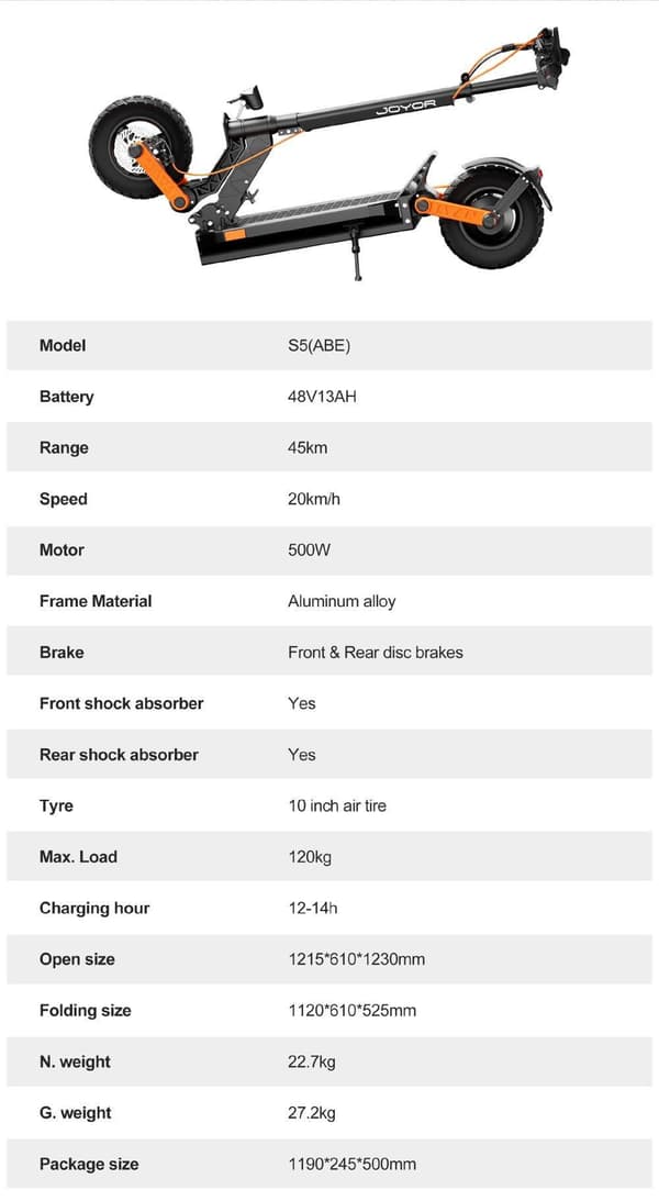 JOYOR S5 ABE 48V 13Ah batteri, 500W motor, 10-tums däck, maxhastighet 20 km/h, max räckvidd 55 km