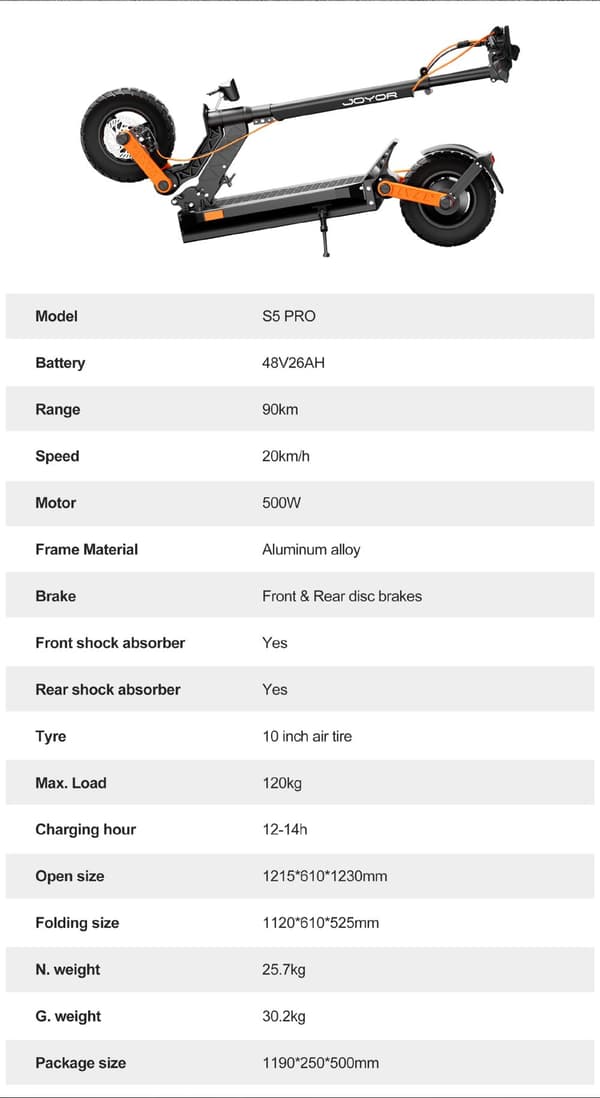 JOYOR S5 PRO ABE 500W motor, 10tums däck, 48V 13Ah batteri, maxhastighet 20 km/h, max räckvidd 55 km