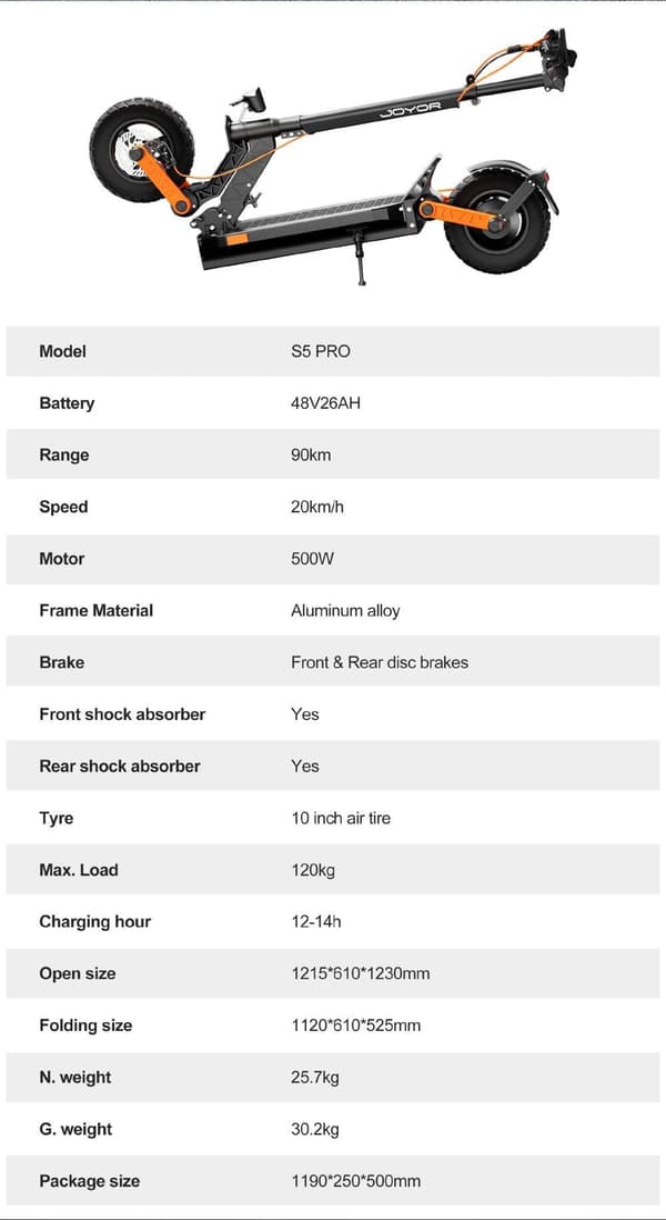 JOYOR S5 PRO ABE 500W motor, 10tums däck, 48V 13Ah batteri, maxhastighet 20 km/h, max räckvidd 55 km