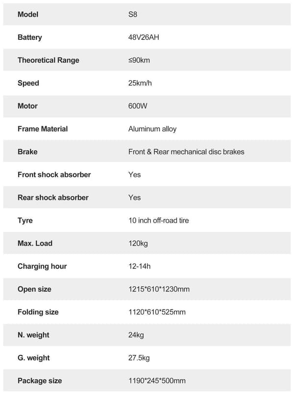 JOYOR S8 600W motor, 48V 26Ah batteri, 10-tums däck, maxhastighet 25 km/h, max räckvidd 90 km