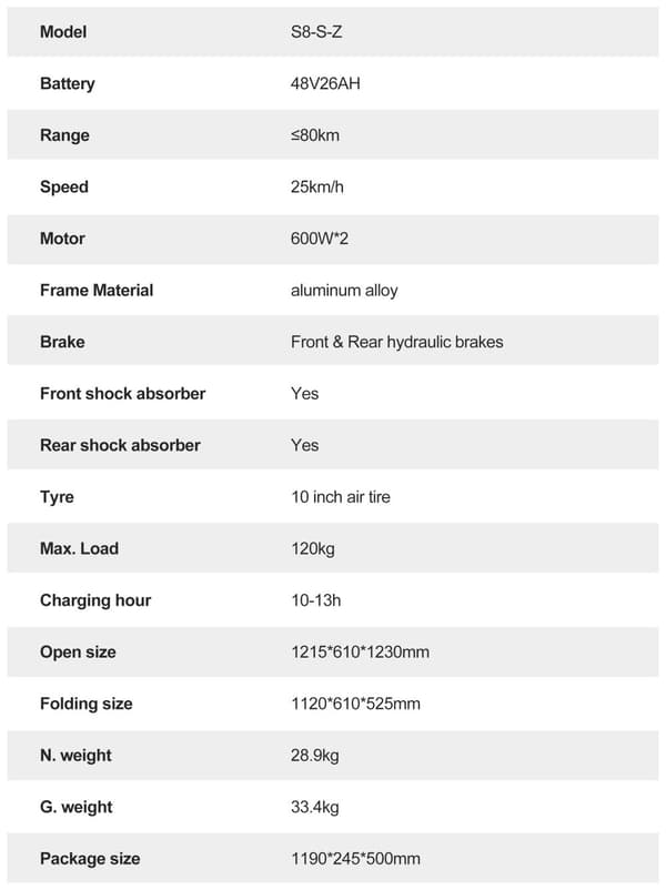 JOYOR S8-S-Z 2*600W motor, 10-tums däck, 48V 26Ah batteri, maxhastighet 25 km/h, körsträcka 80 km