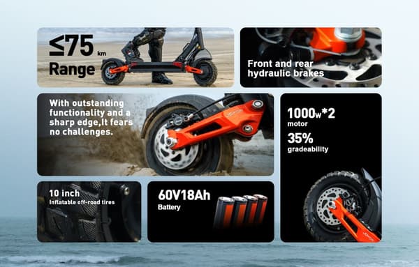 JOYOR T10 2*1000W motor, 60V 18Ah batteri, 10-tums däck, maxhastighet 25 km/h, räckvidd 75 km