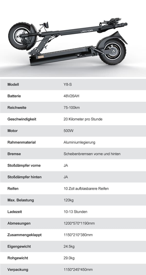 JOYOR Y8-S 48V 26Ah batteri, 500W motor, 10-tums däck, maxhastighet 20 km/h, räckvidd 100 km