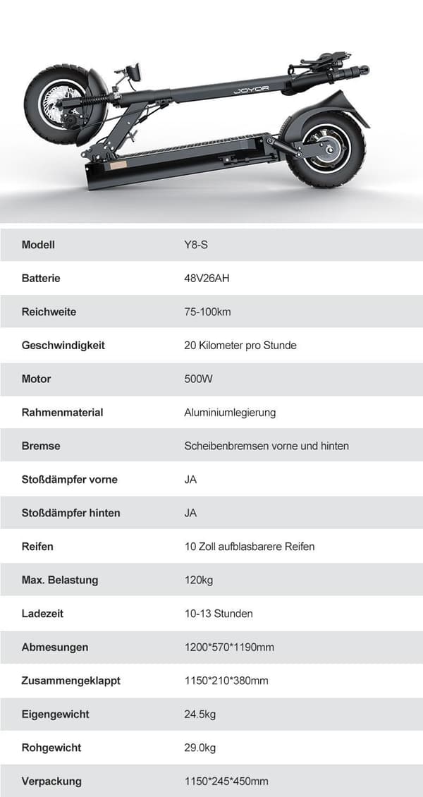 JOYOR Y8-S 500W motor, 10-tums däck, 48V 26Ah batteri, maxhastighet 20 km/h, räckvidd 100 km