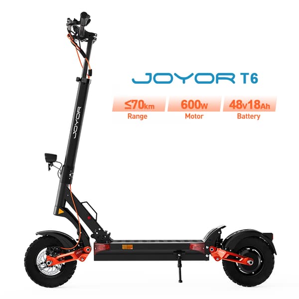 JOYOR T6 10'' hopfällbar elsparkcykel, 600W motor, upp till 48 km/h, 18Ah batteri, maximal räckvidd 40-70 km, stötdämpare fram och bak