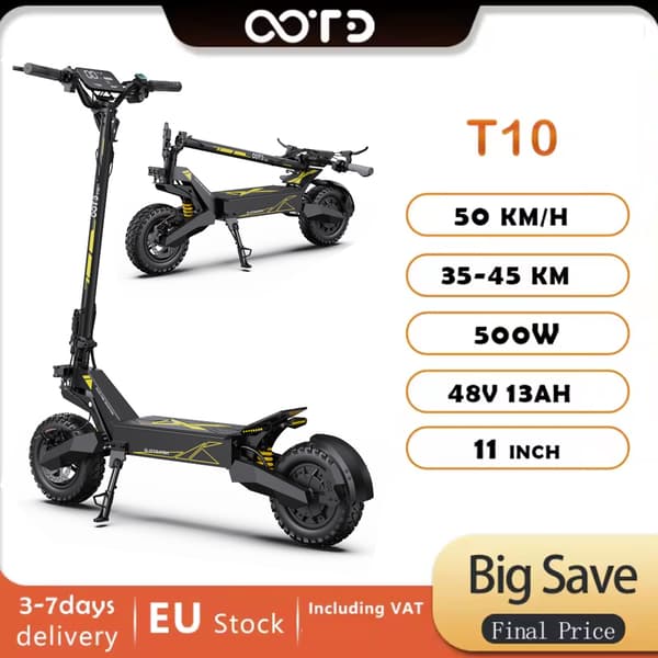 OOTD T10 11'' hopfällbar elsparkcykel för vuxna, 500W motor, 50 km/h, 13AH batteri, 35-45 km uthållighet, 5 timmars laddningstid