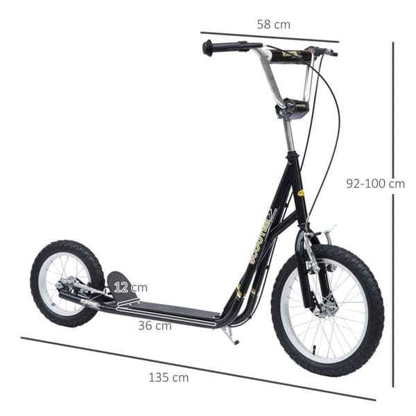 Scooter, Børnescooter 16 tommer, 135x58x92-100 cm, Sort