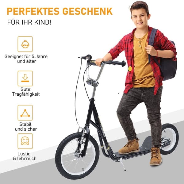 Scooter, Børnescooter 16 tommer, 135x58x92-100 cm, Sort