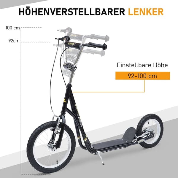 Scooter, Børnescooter 16 tommer, 135x58x92-100 cm, Sort
