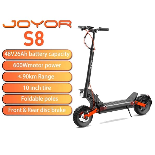 JOYOR S8 sähköpotkulauta aikuisille 600 W moottorilla 48 V 26 Ah kaupunkiskootteri 10 tuuman maastorenkaalla varustettu taittuva sähköpotkulauta