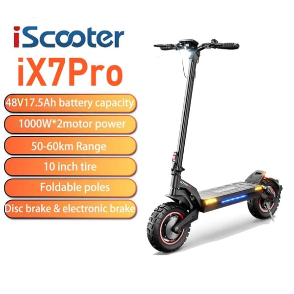 iScooter iX7Pro Elscooter För Vuxna 1000W*2 Motor 48V17.5Ah Batteri Terrängscooter 10-Tums Ddäck Terrängscooter