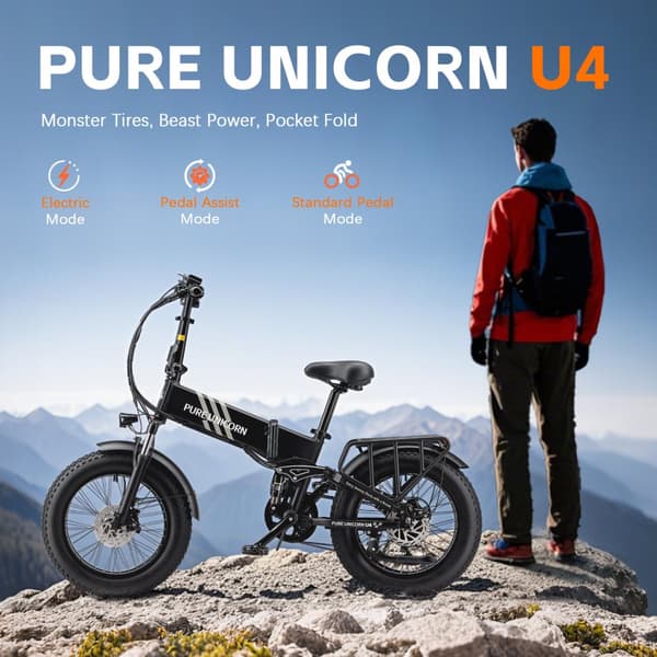 PURE UNICORN U4 Elcykel För Vuxna 1000W Motor Stadspendlare Elcykel 48V15Ah Batteri Elcykel 20 Tum Tjocka Däck Hopfällbar Elcykel
