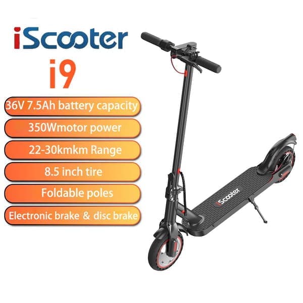 iScooter i9 taitettava sähköskootteri, maksiminopeus 25 km/h, kantama 30 km, 350 W moottori, älykäs sovellus