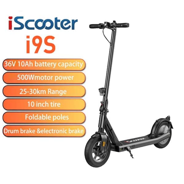 iScooter i9s 500W sähköskootteri, 36V/10Ah, 30KM kantama & 30Km/h taitettava skootteri, kaksoisjarrut, etujousitus