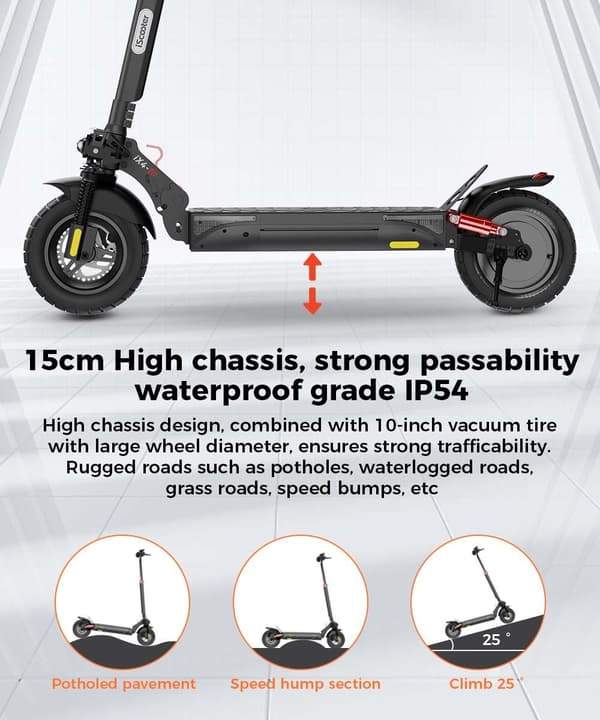 iScooter iX4 sähköskootteri 10 tuuman maastoskootteri, 800 W moottori, 48V15Ah akku, maksiminopeus 45 km/h, kantama 45 km (sovellusohjaus)