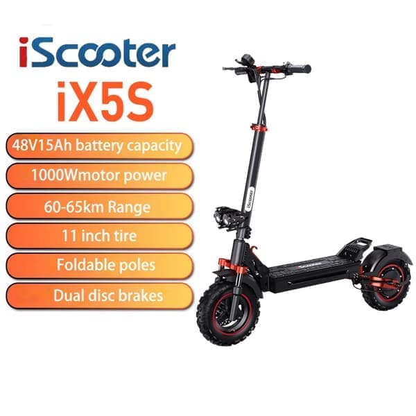 iScooter iX5s 2025 uusin maastoskootteri, 1000W moottori, 48V15Ah akku, maksiminopeus 45km/h, kantama 65km