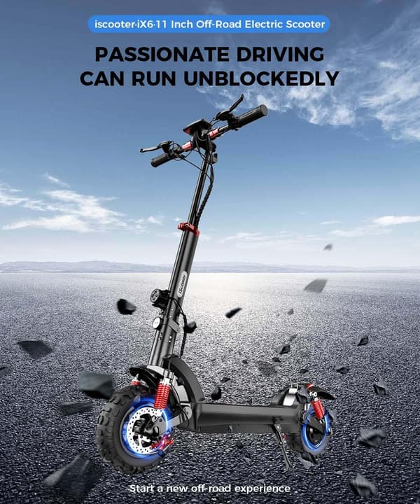 iScooter iX6 Off-Road sähköskootteri, 11 tuuman renkaat, 1000 W moottori, 48V17.5Ah akku, maksiminopeus 45 km/h, kantama 45 km