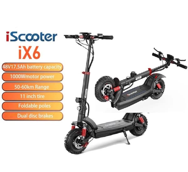 iScooter iX6 Off-Road sähköskootteri, 11 tuuman renkaat, 1000 W moottori, 48V17.5Ah akku, maksiminopeus 45 km/h, kantama 45 km