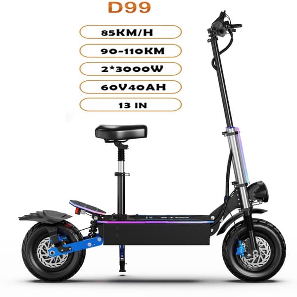 OOTD D99 13'' elsparkcykel, 6000W motor, 40AH batteri, topphastighet 85 km/h, stötdämpare fram och bak, 100 km räckvidd