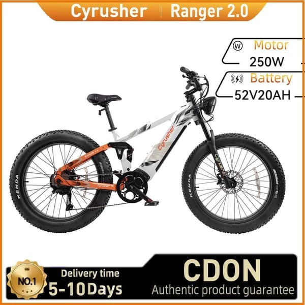 Cyrusher Ranger 2.0 Sähköpyörä Aikuisille, 250 W Moottori, Maastopyörä, 52 V20 Ah Akku, Sähköpyörä, 26 Tuuman Paksut Renkaat, Miesten Sähkömaastopyörä