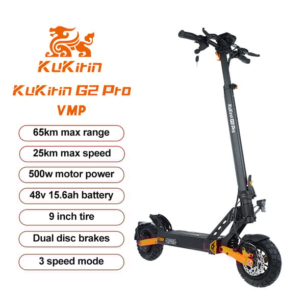 KuKirin G2 Pro (VMP) taitettava sähköskootteri 500W, kantama 65km, 48V 15.6Ah akku, kaksoislevyjarru, etu- ja takaiskunvaimennin
