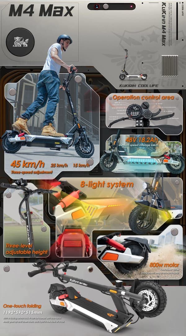 Kukirin M4 Max hastighet 45 km/h, räckvidd 64 km, 800W motor 18.2AH, 10-tums däck elscooter