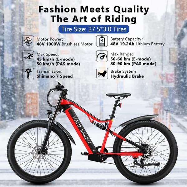 HALO KNIGHT H03 Elcykel För Vuxna 1000W Motor Terrängcykel 48V 19.2Ah Batteri Herr Elcykel 27.5 Tum Elcykel Med Feta Däck
