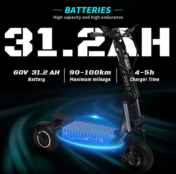 OOTD T30 60V 31,2AH batteri, räckvidd 100 km, 2*1600W motor, 13-tums däck, maximal hastighet 65 km/h, hopfällbar elscooter