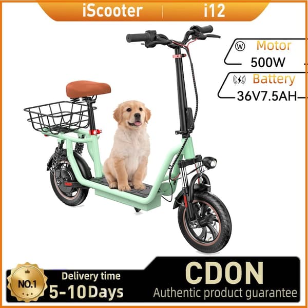 iScooter i12 City Commuter Elscooter 500W Motor 36V 7.5Ah Batteri Med Sits Elscooter 15.5MPH MAX HASTIGHET Vuxen Elscooter