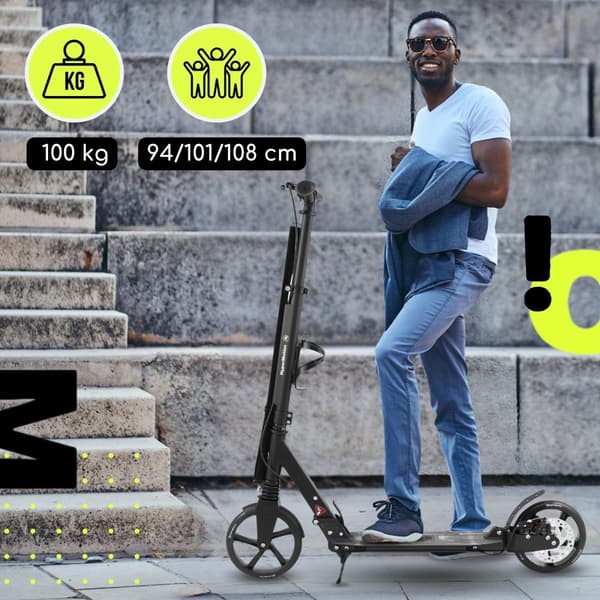 HyperMotion Skyline sparkcykel – hopfällbar aluminium, 20 cm PU-hjul, handbroms, stötdämpare, dryckhållare, 6+, max 100 kg